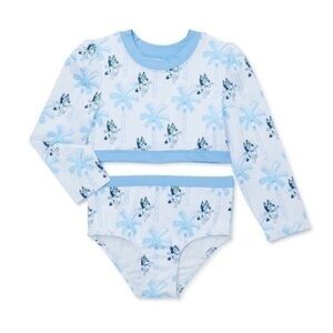 Bluey Two-Piece Rashguard Swimsuit Set Toddler Girls Palm Tree Beach UPF 3T
